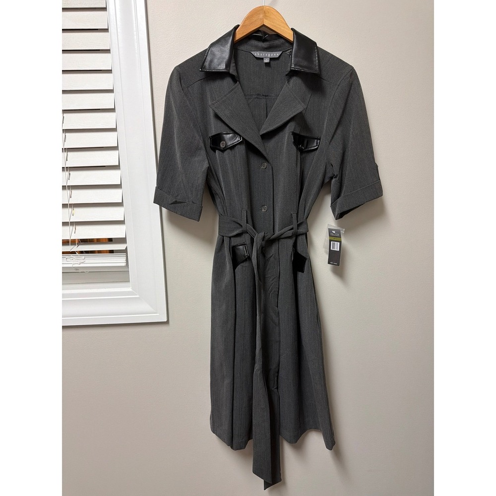 Sharagano Shirt Dress Charcoal Gray Belted Career Button‎ Front Womens 14
